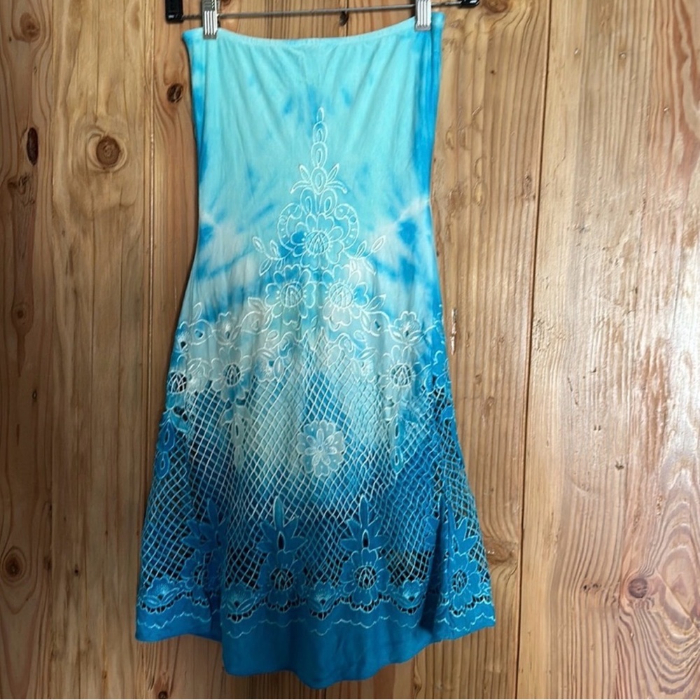 Sky brand lace embroidered flower mini strapless dress hi lo high low lined - Picture 3 of 5